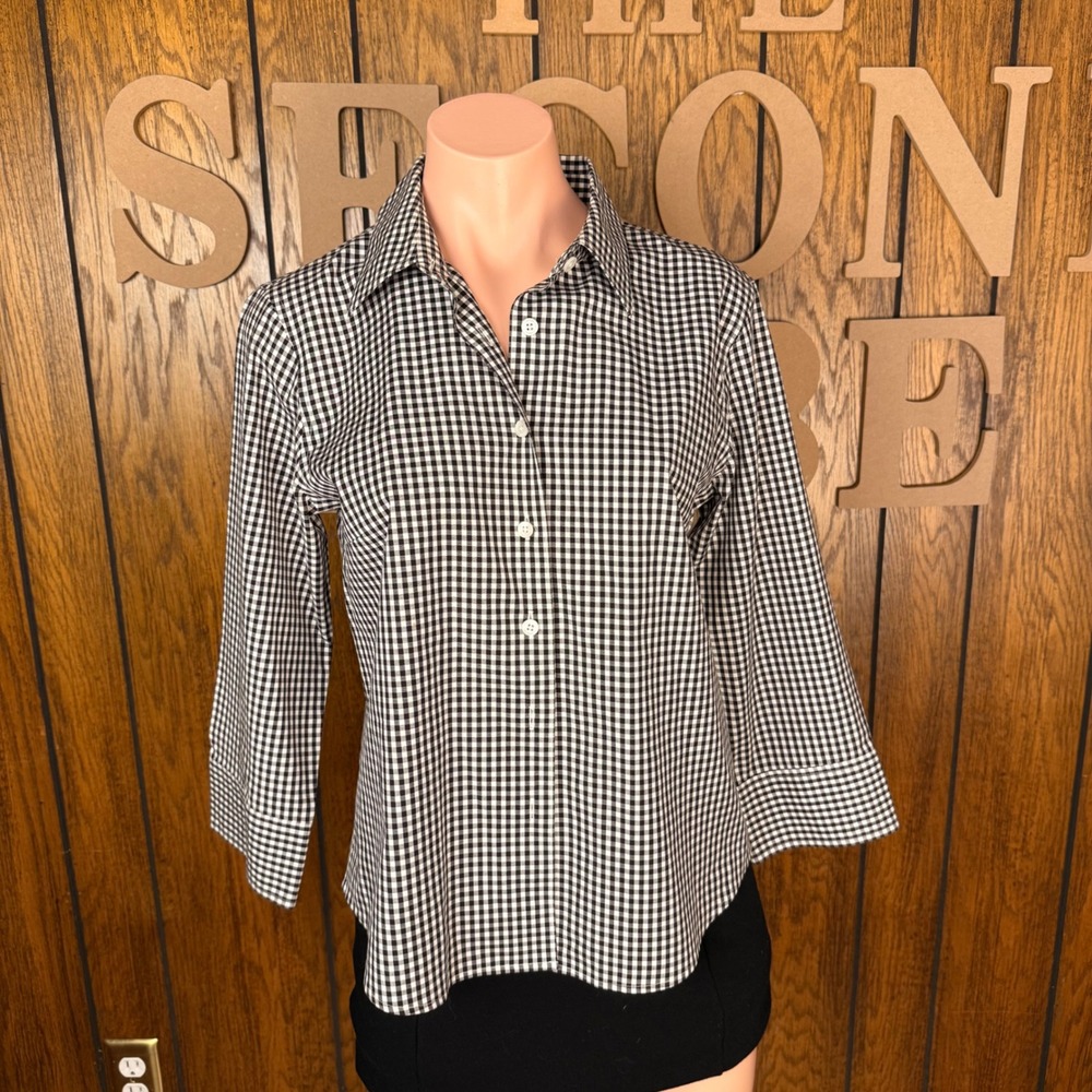 Talbots Button Down Shirt Womens 8P Black Gingham Preppy Cottagecore Whimsy 90s